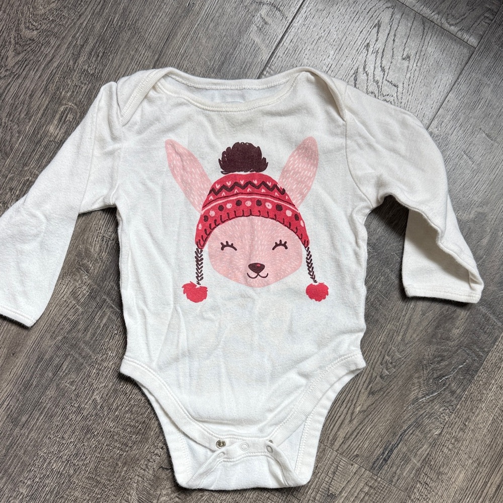 Old Navy Cream Baby One-Piece with Pink Bunny in Knit Hat